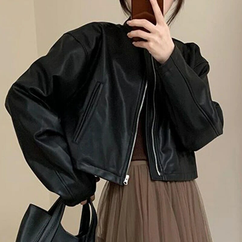 Jaket kulit wanita, atasan jaket hitam motor retro modis Korea awal musim gugur