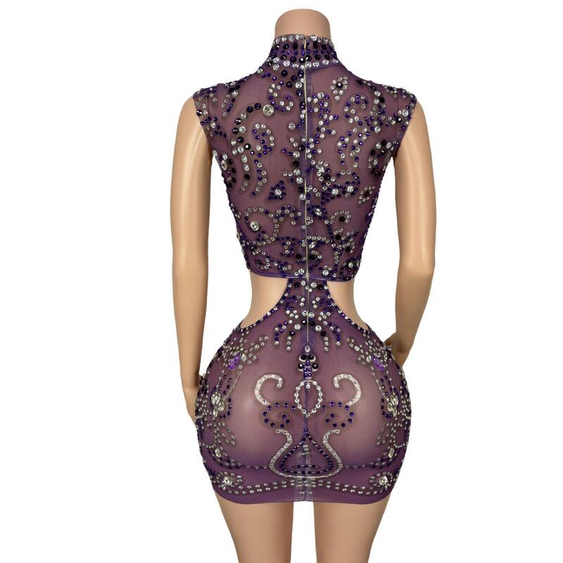 Sexy Cut-Out See Through Short Prom Dresses Sleeveless Luxury Crystals Purple African Women Cocktail Gown for Party Ziteng