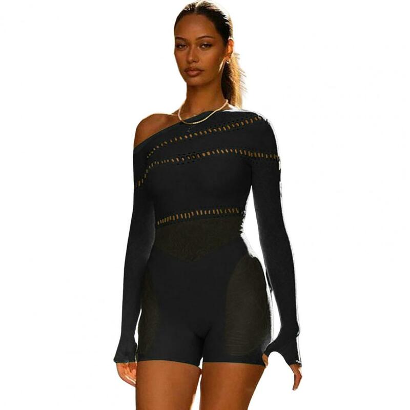 Women Romper Solid Color Slash Neck Hollow Out See Through Streetwear Sexy Net Yarn Romper Playsuit Women Clothing