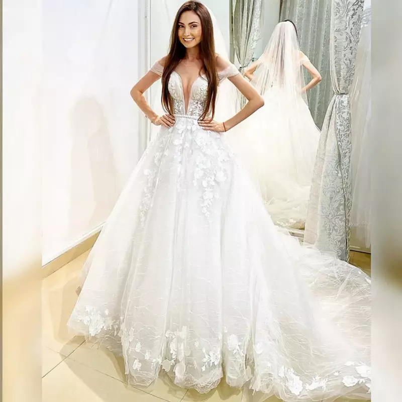 Fashion A Line Country Bridal Sexy V-neck off-the-shoulder Princess Illusion Layered tulle applique Bridal dress New 2024