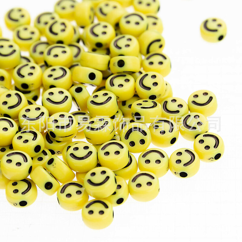 100Pcs Multicolor Acrylic Smile Face Beads For DIY Bracelet Jewelry Making Accessories Plastic Flat Round Cartoon Smiling Beads