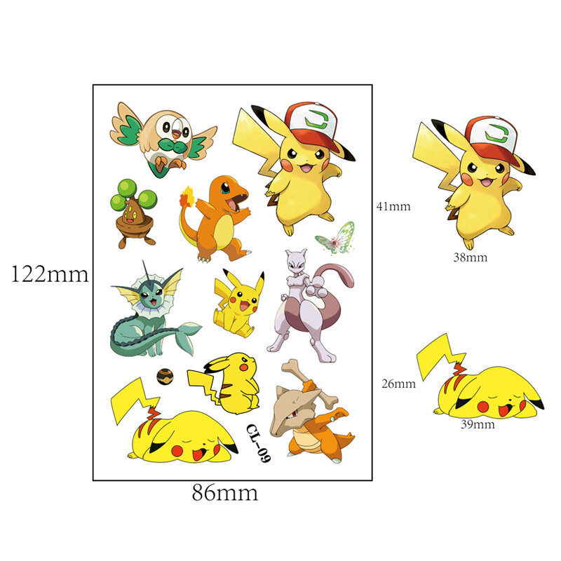 Tatouages Autocollants Temporaires Pokémon Pikachu, Dessin Animé d'Action, Cadeau d'Anniversaire Amusant pour Enfant Fille, 6 Pièces