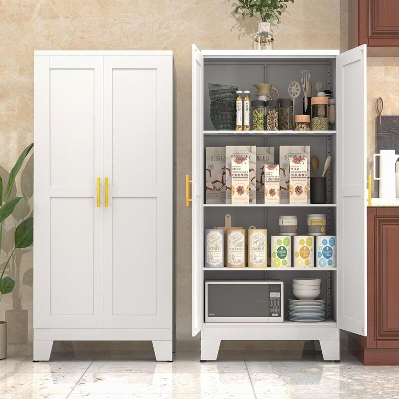 ตู้ที่เก็บเครื่องครัวสีขาวตู้กับข้าวห้องครัวพร้อมประตูและชั้นวางของตู้เก็บของปรับระดับได้