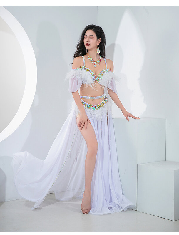 Women Egyptian Belly Dance Group Competition Clothes Popsong Fairy Plume Costume Oriental Dance Bra Long Chiffon Skirt Elegant