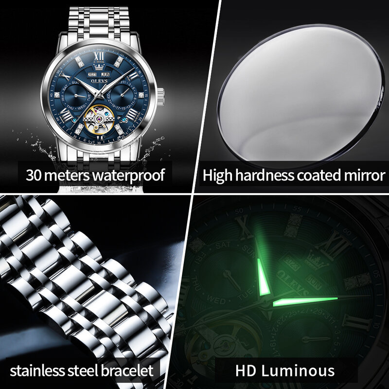 OLEVS-Relógio mecânico totalmente automático masculino, pulseira de aço inoxidável, oco, luminoso, original, marca de tendência