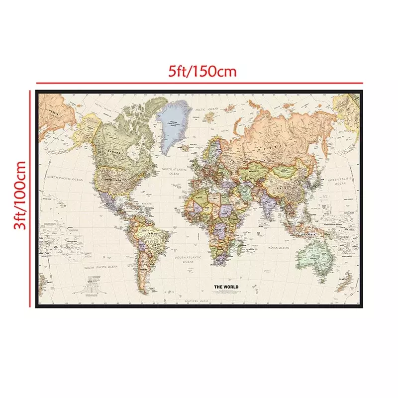 Mapa del mundo Retro de 150x100cm, mapa detallado de las principales ciudades de cada país, lienzo no tejido, pintura, decoración del hogar para sala de estar
