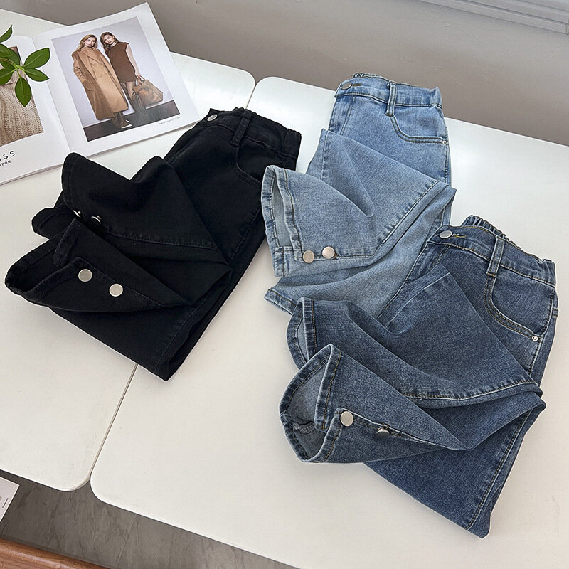 Jeans Boyfriend Ukuran Plus Denim Wanita Hitam Celana Lurus Ramping Saku Kaki Kancing Pinggang Tinggi Panjang Pergelangan Kaki Katun