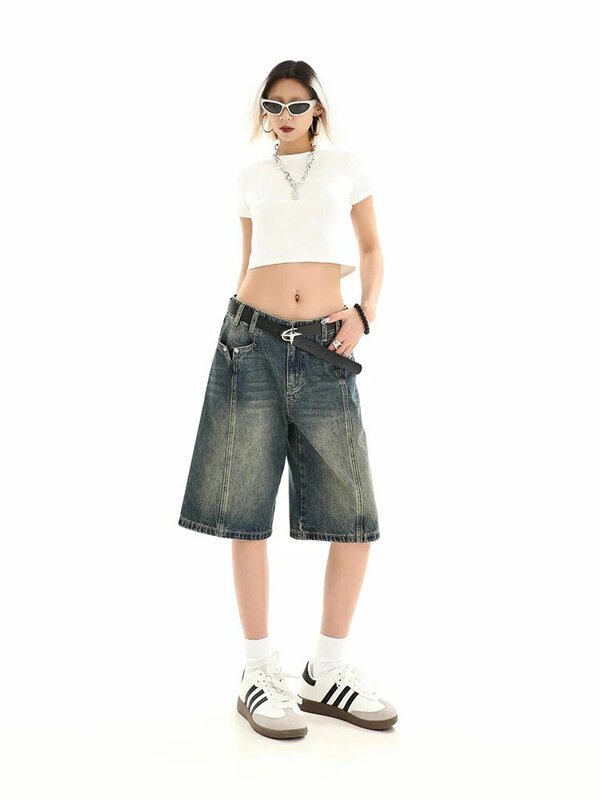 Shorts jeans retrô feminino, cintura alta, calça de cinco pontos, meia calça reta e solta, moda casual, verão, 2024