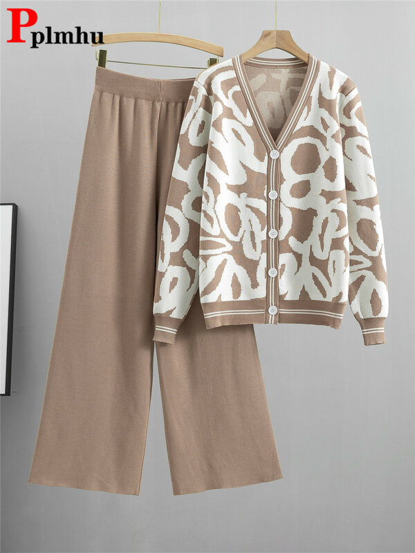 Roupa de malha solta feminina, conjunto de duas peças, malha, decote em v, cardigã de manga comprida, tops, cintura alta, calça larga, coreano