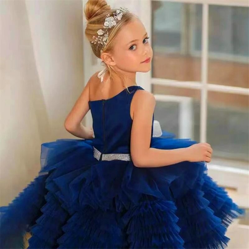 Blue Angel Lovely One-shoulder Tulle Layered Flower Girl Dress Princess First Communion Dresses Kids Surprise Birthday Present