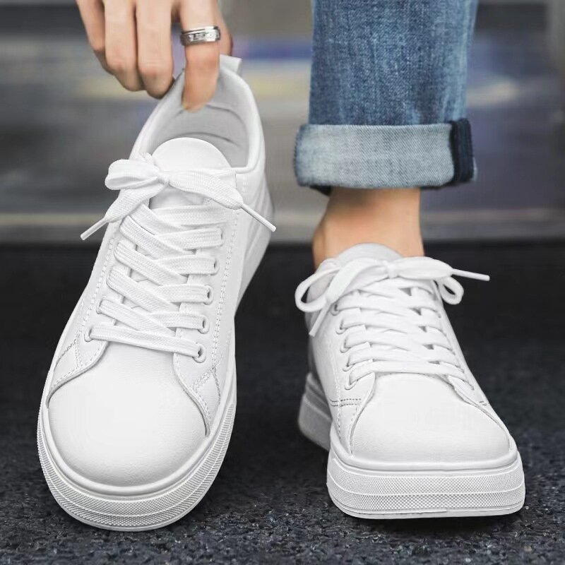 Кроссовки мужские однотонные из экокожи, модная повседневная обувь, роскошные белые на платформе, Студенческая обувь, 2024