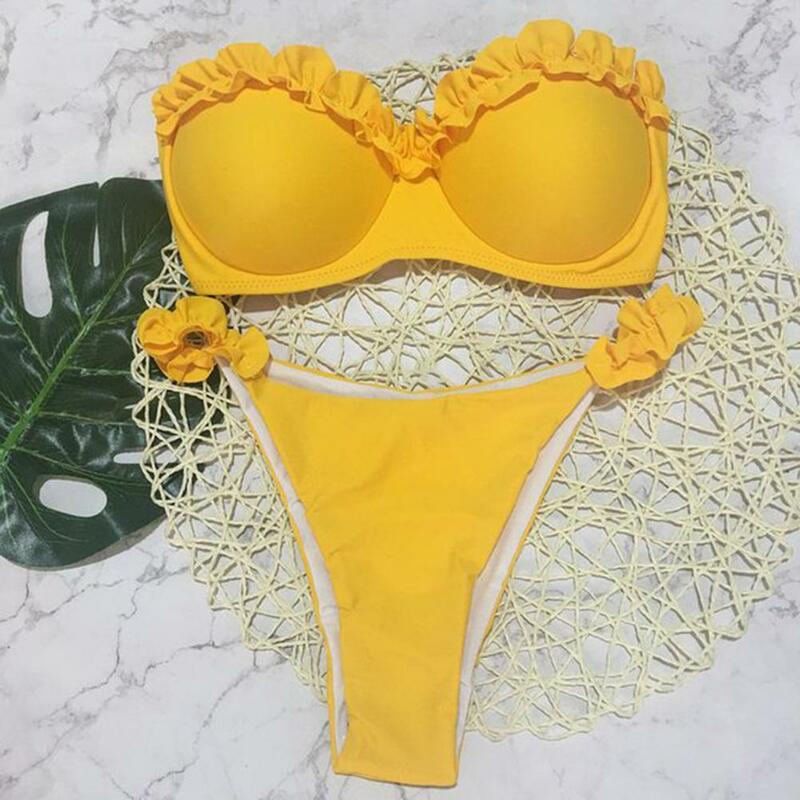 Bandeau Bikini Swimwear Women Summer Bikini Set Ruffle Trim Bra Mid-rise Briefs Set Push Up Bathing Suit Split Design Swimsuit