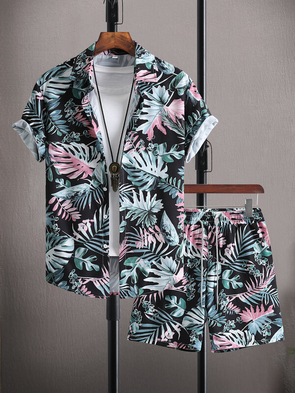 Completo da 2 pezzi con stampa floreale hawaiana a fiori da uomo Set camicia e pantaloncini Casual abbottonati da spiaggia a maniche corte