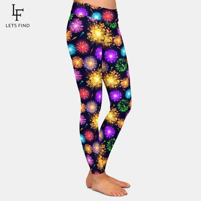 Letsfind 2020 nova chegada calças femininas bonito 3d colorido fogos de artifício imprimir leggings de fitness cintura alta magro leggings