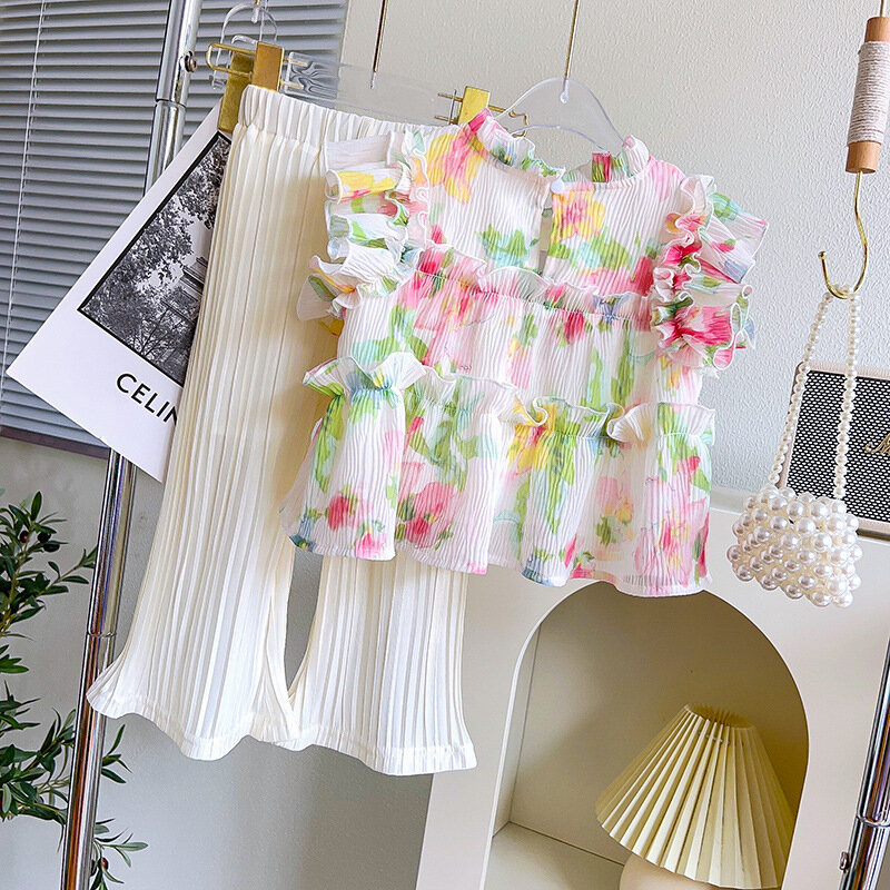 Girls Suits Summer Flying Sleeve Flower Shirt Tops+Pants Korean Sweet Kids Clothes Two Piece Set Toddler Girl Clothes 2Pcs 2-7Y
