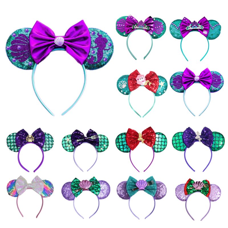 Diadema de Mickey Mouse y sirenita para niña, accesorios para el cabello con volantes, diadema de Ariel, perlas, Concha, orejas