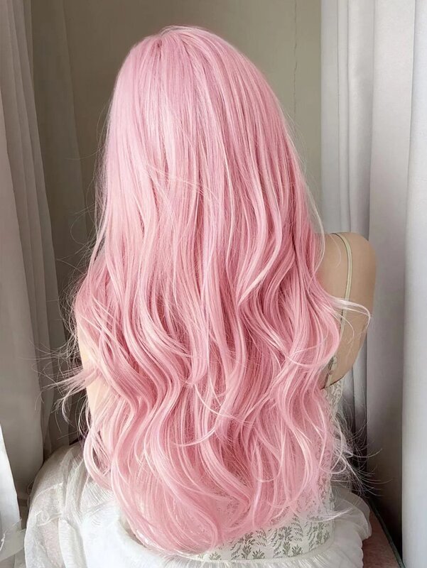 Wig sintetis merah muda cantik 30 inci, dengan poni panjang alami bergelombang rambut palsu untuk penggunaan sehari-hari wanita tarik Cosplay Ratu tahan panas