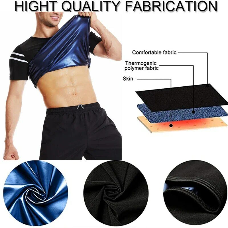Men Heat Trapping Sauna Suits Gym Tops Weight Loss Shirts Slimming Corsets White Stripe Short Sleeve Sports