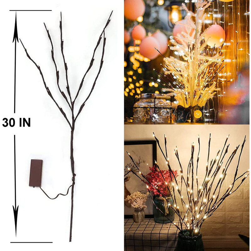 Luces LED de rama de flor de cerezo, lámpara de relleno de florero alto, ramita iluminada, luces decorativas de Navidad y boda, 20 bombillas
