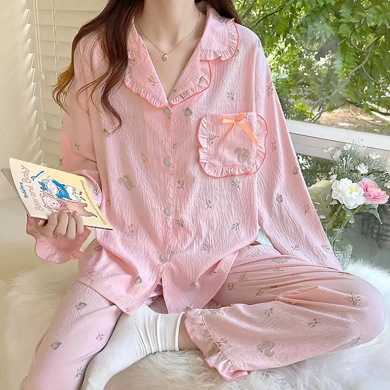 Женская пижама с рисунком вишни, комплект одежды для сна, Топ с длинным рукавом и брюки, домашняя одежда с оборками, приятная для кожи дышащая