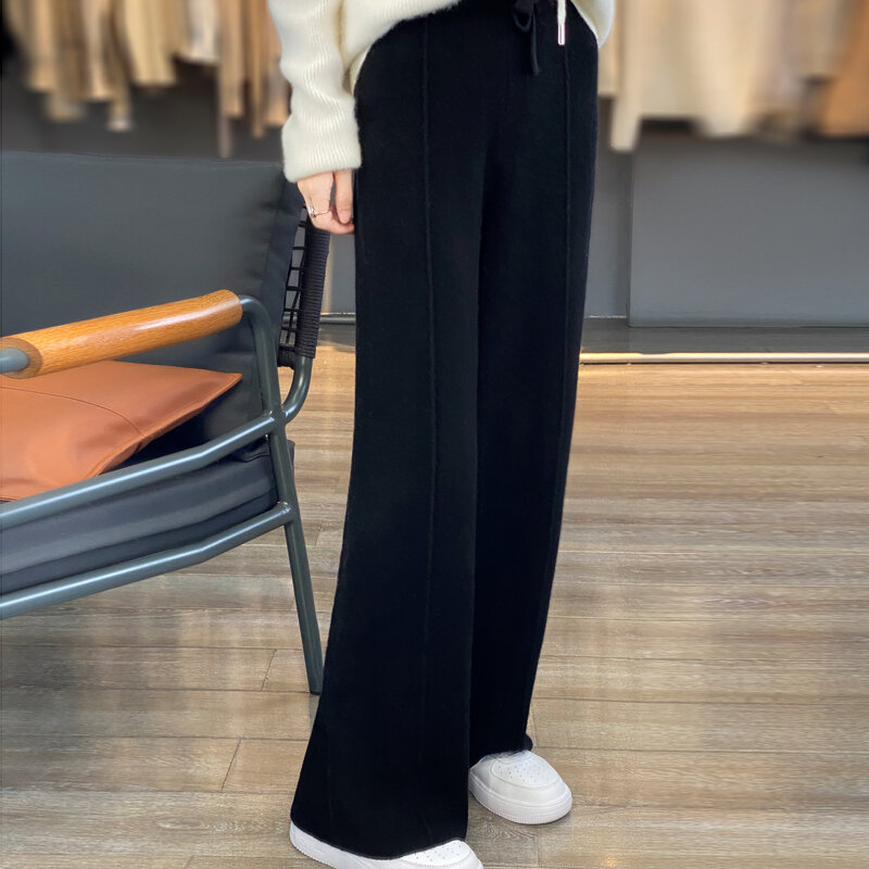 100% genuine wool high-end wide-leg pants women's thick loose high waist drape casual pants clearance.