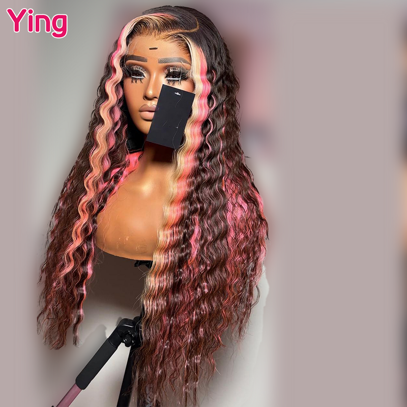 Ying-peruca dianteira do laço com cabelo do bebê, peruca de onda profunda, cabelo remy pré-arrancado, rosa, marrom, colorido, 5x5, 13x4, Ying
