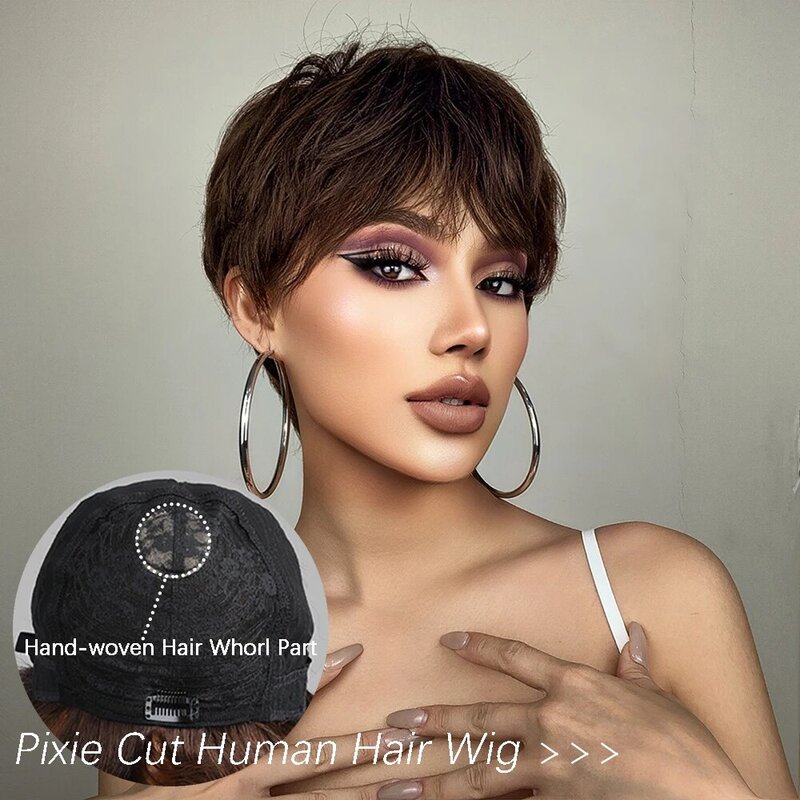 Pixie Cut Glueless Human Hair Wigs for Black Women Short Brown Layered Human Natural Hair Daily Wig Machine Made Human Hair