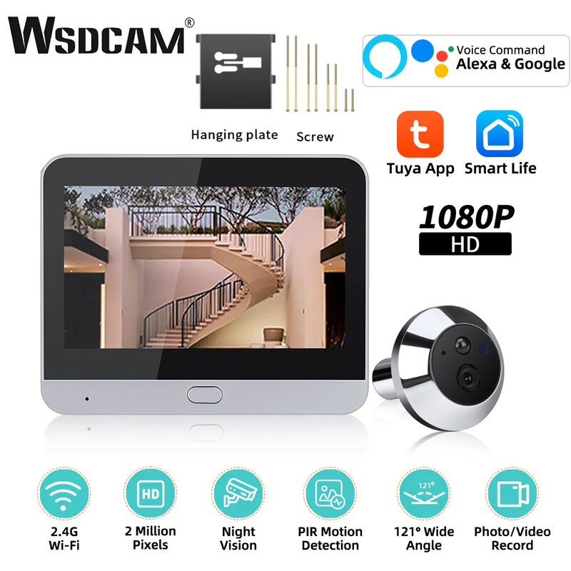 WSDCAM kamera dalam ruangan Wifi 1080P Tuya lubang intip bel pintu deteksi gerak penglihat pintu penglihatan malam satu cara bicara 5000mAh