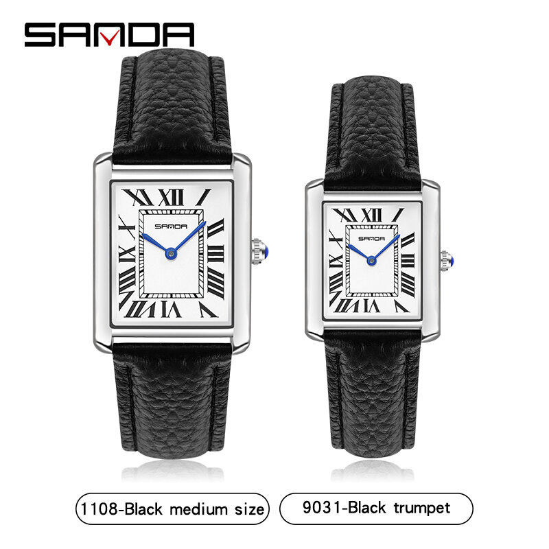 SANDA-Relojes de pulsera rectangulares para mujer, caja plateada, relojes de marca de lujo, banda de cuero genuino, reloj de cuarzo