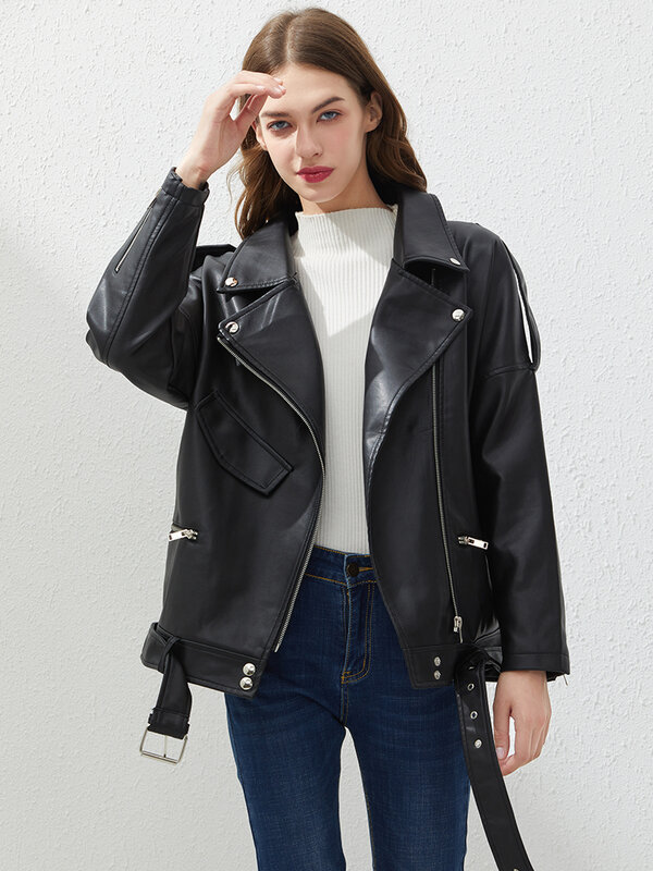 Jaqueta Fitaylor-PU de couro sintético feminina, faixas soltas, jaquetas casuais de motoqueiro, tops femininos, estilo BF, casaco preto