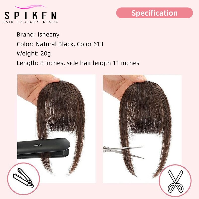 Poni rambut manusia alami untuk wanita, 8 inci 20g klip pinggiran rambut manusia alami lurus dalam potongan rambut 3 klip