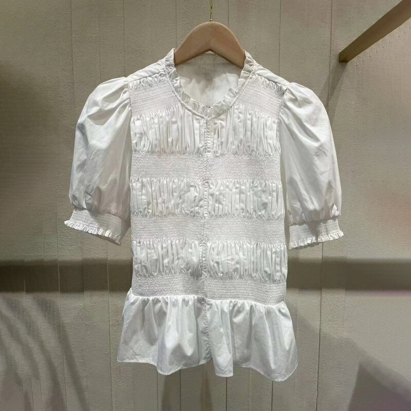 Tops de algodón con manga abullonada para mujer, camisa Retro ajustada con volantes y cuello redondo, novedad de verano 2024
