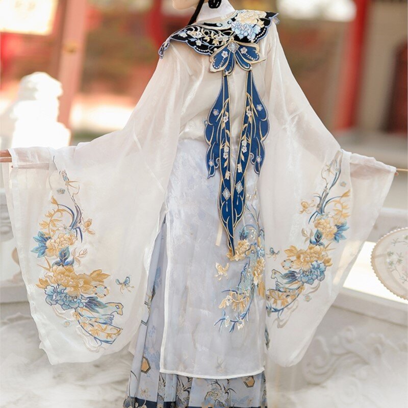 Ming-Style Stand-up Collar shirt Dress, vestido de cintura alta, bordado máquina, Nuvem Ombro, Hanfu