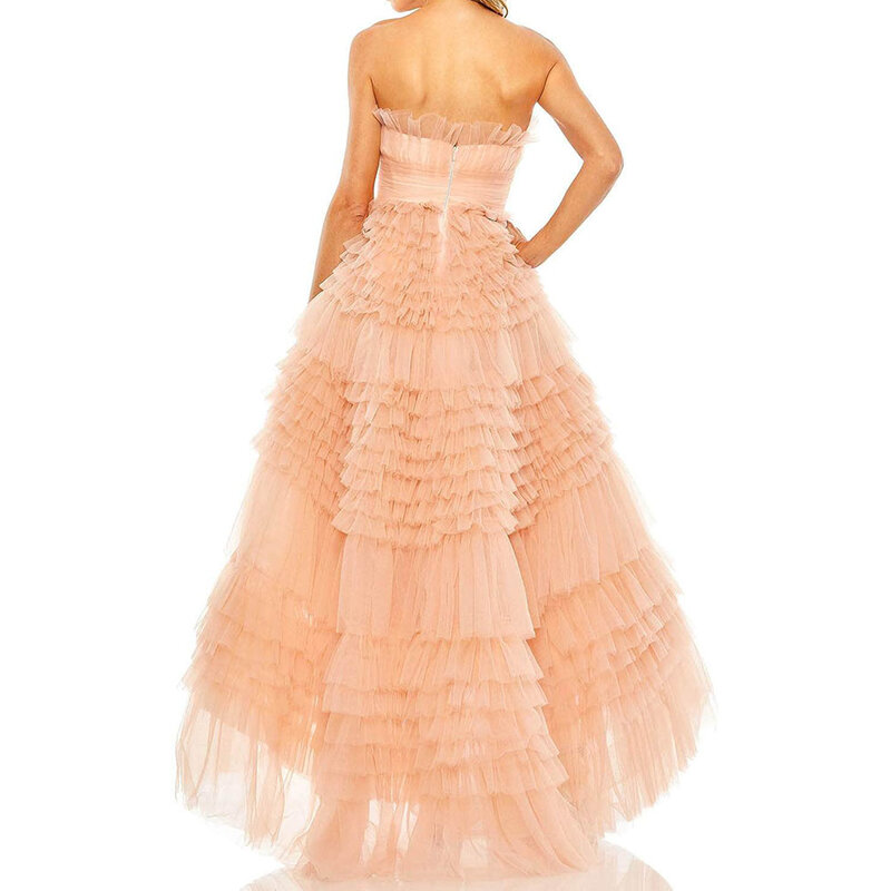A-Line Tulle Prom Gown Strapless Ruffles Tiered Empire Floor Length Sweep Train Robe de Bal