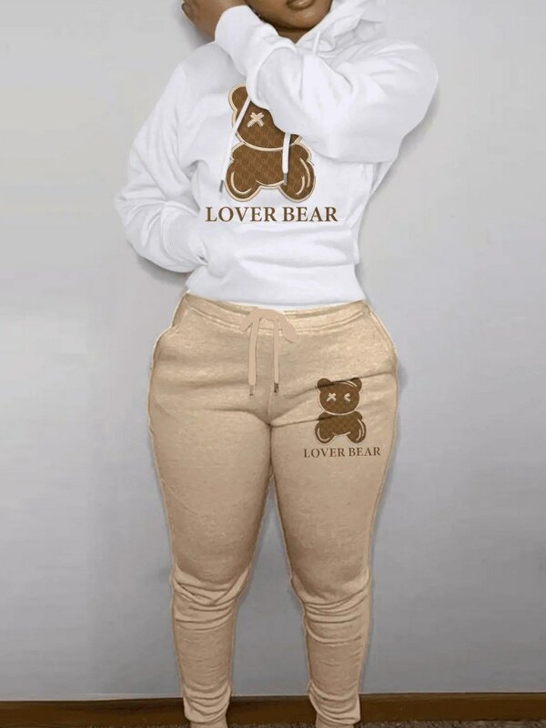 LW Setelan Olahraga Saku Kanguru Gambar Huruf Beruang Cantik Hoodie Lengan Panjang + Celana Panjang Serut Wanita Dua Potong Setelan Cocok