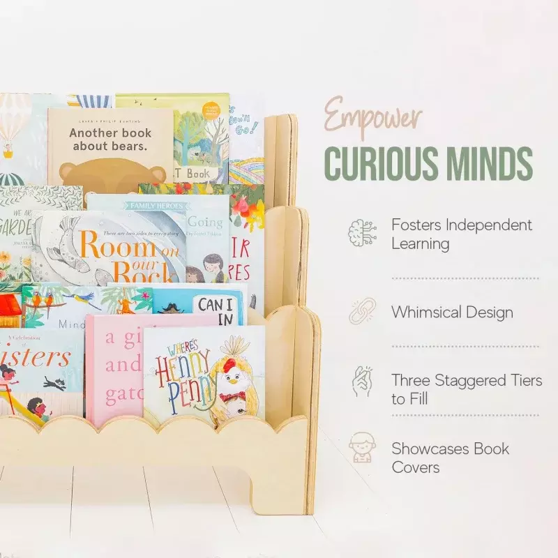 Bibliothèque en bois pour enfants avec bords festonnés, bibliothèque durable pour enfants, 3 niveaux, recommandé parfait, Montessori