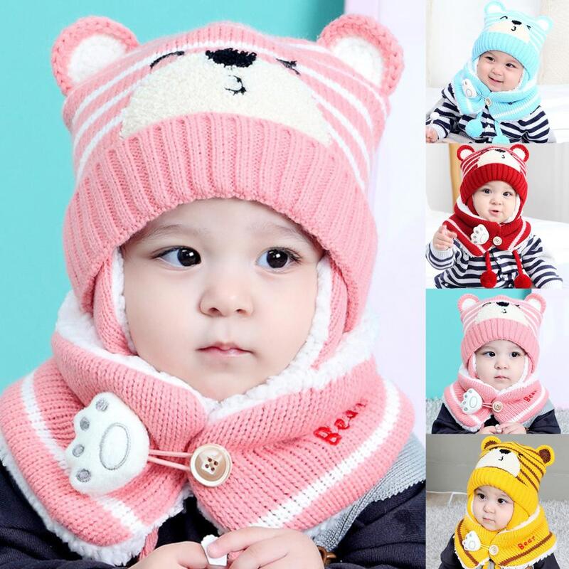 Warm Baby Bear Hat Unisex 6M-34M Winter Kids Girls Boys Cartoon Stripe Knit Cap Woolen Yarn Scarf Earmuff keep Set for outdoor