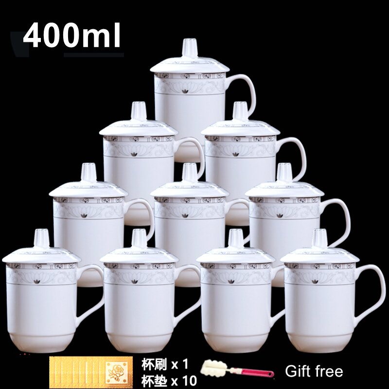 Taza de té de cerámica Jingdezhen, taza china con cubierta, para oficina, sala de conferencias, taza de agua, personalizada, 10 Uds./lote
