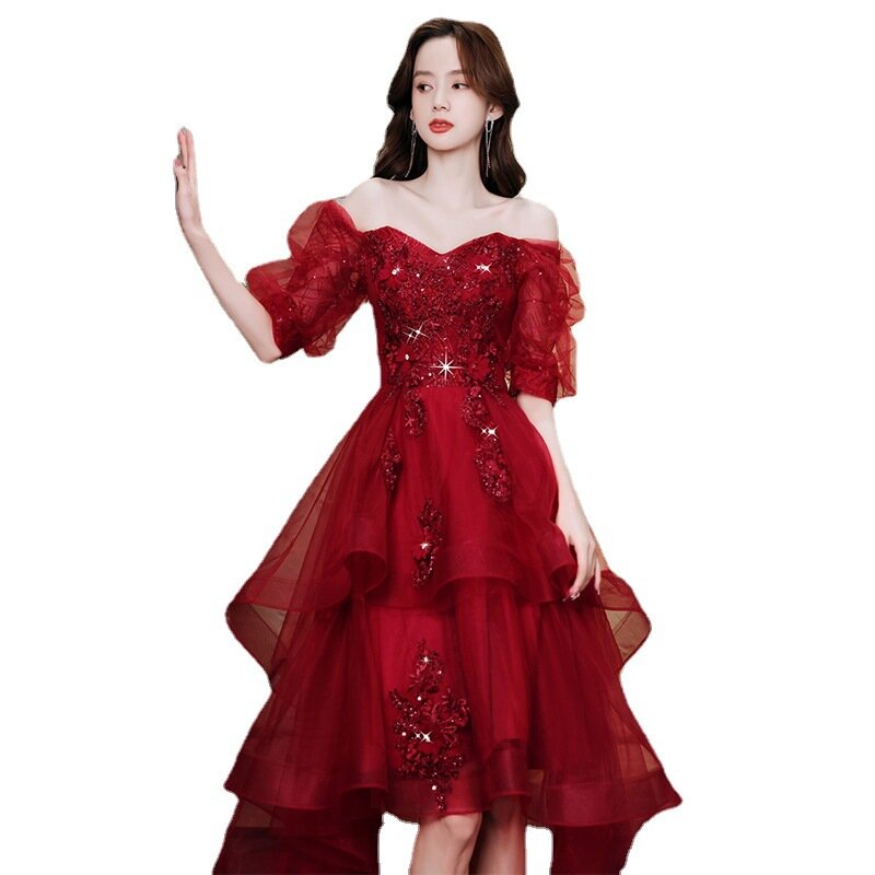 Wine Red Color Tulle Evening Dress Women Appliques Bandage Off Shoulder Bridal Dresses Exquisite Elegant Modern Formal Gown