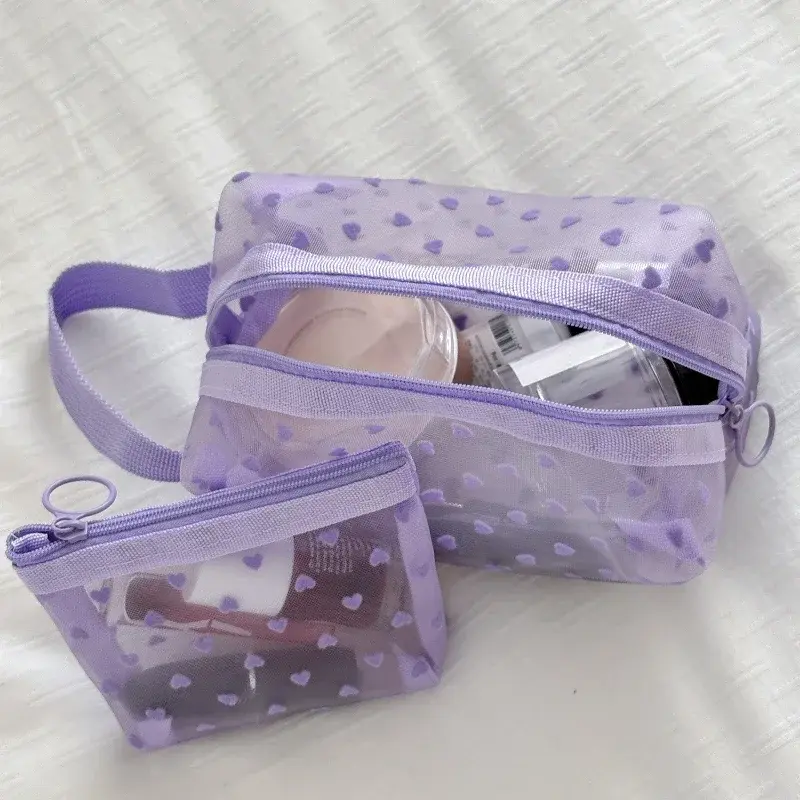 Сетчатая косметичка с принтом фиолетового сердца, женская сумка для монет, косметичка, косметичка, дорожный органайзер, сумка для карт