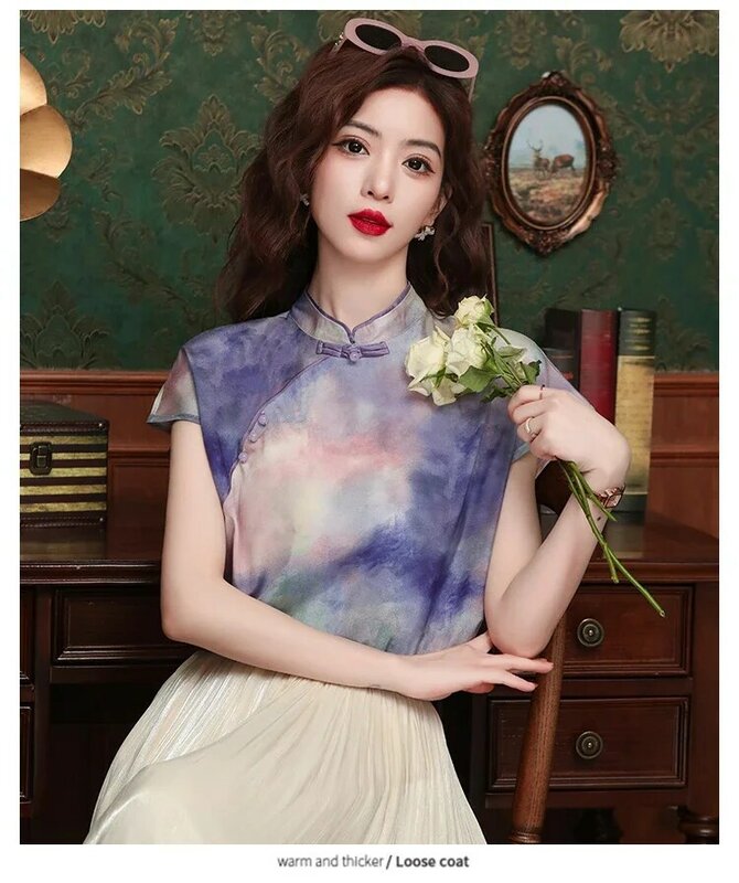 Chiffon Damen hemd Sommer chinesischen Stil druckt Blusen locker sitzen ärmellose Vintage Frauen Tops Mode Kleidung Ycmyunyan