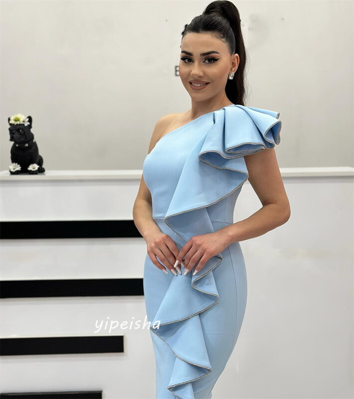 Prom Dress Saudi Arabia Satin Ruffles Cocktail Party A-line One-shoulder Bespoke Occasion Dresses Ankle-Length
