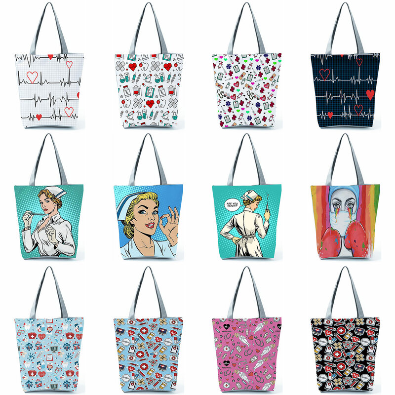 Moda tote personalizado dos desenhos animados dentista enfermeira bolsa de ombro eco reutilizável sacola de compras senhoras bolsas para mulheres casuais portátil
