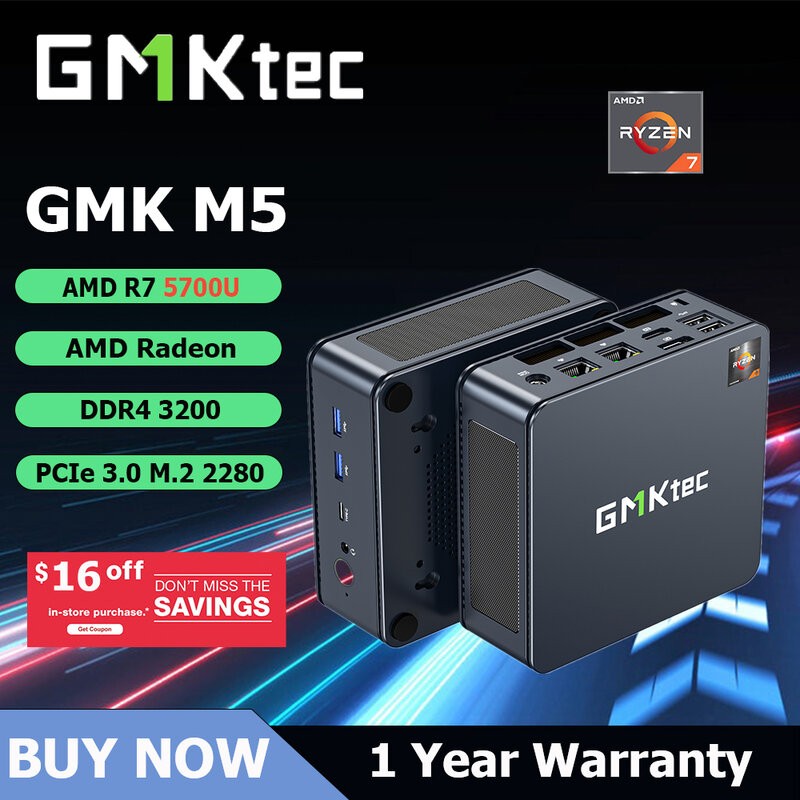 GMKtec M5 AMD R7 5700U Mini PC 8-core 16-thread 16/32GB DDR4 512GB/1TB SSD Mini Computer PC Mini Desktop Win 11 Pro Computer PC
