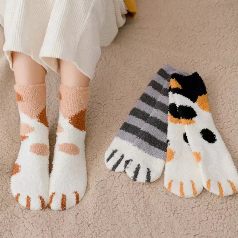 Calcetines elásticos de dibujos animados para niña, medias gruesas de lana de Coral, con pata de gato, Harajuku, para Otoño e Invierno