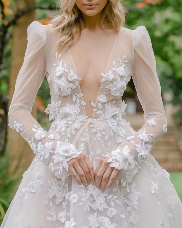 Graceful Deep V-Neck Wedding Dresses Illusion Full Sleeves Bridal Gowns 3D Flowers Appliques Tulle Vestidos De Novia