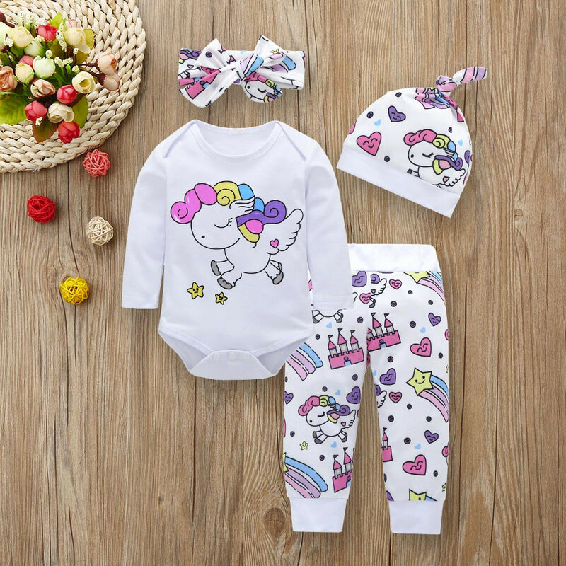 Newborn Infant Baby Girl Clothes Sets Unicorn Pegasus Star Castle Tops+Pants+Hat+Headband 4PCS Infant Babe Girl Outfits