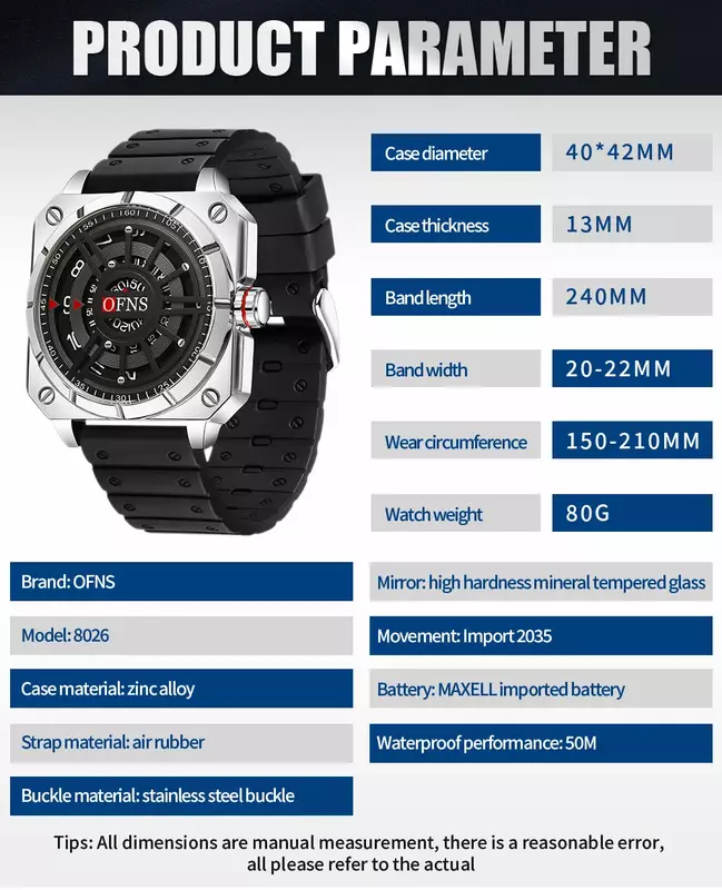 OFNS Brand Top 8026 Fashion Casual Men's Quartz Watch Creative Cool Large dial Quartz Watch Business Waterproof Men's Watch 2024