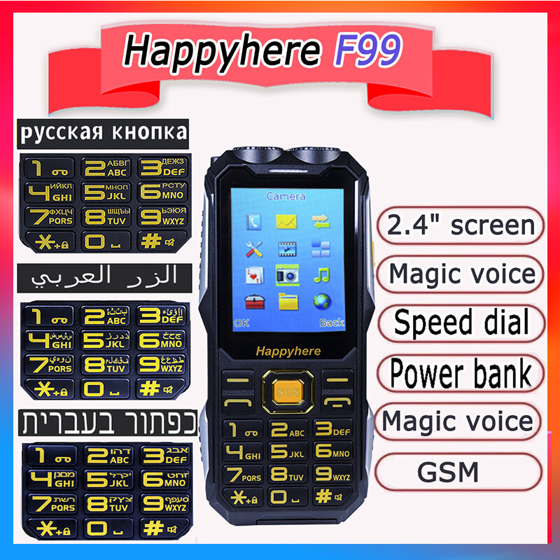 Happyhere F99 Power Bank 2.3 "telefone GSM rádio FM MP3 voz Record tocha telefone móvel barato em russo árabe hebraico Teclas botão