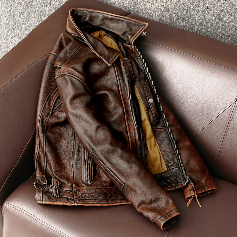 Jaket kulit asli, gaya baru jaket kulit asli Vintage warna coklat kulit sapi pria ramping modis jaket pengendara sepeda motor ukuran Asia 6XL pabrik pengiriman Drop